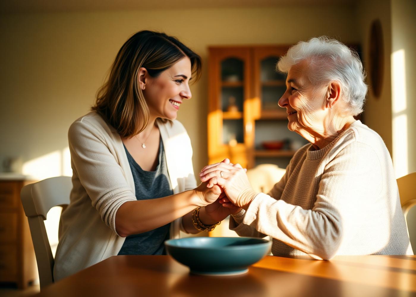 A daughter holding her mother's hands at a sunlit kitchen table